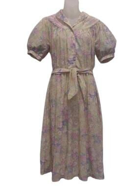 Vintage 70s 80s NIKKI Pastel Floral Dress Puff Sleeve Belted USA Size 7/8